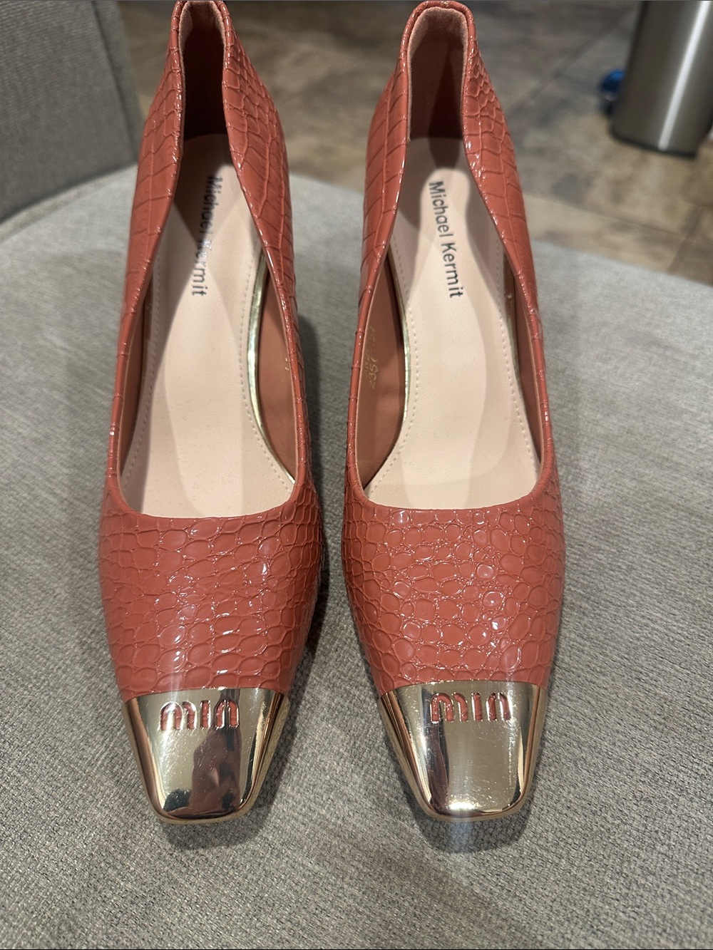 Coral Textured Leather high heels with Metal Cap size 38